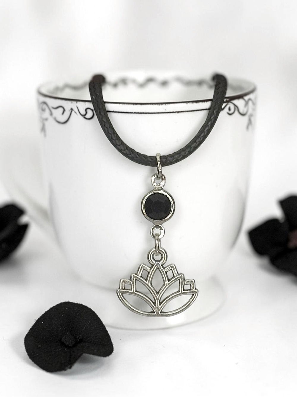 5 For $25💫Silver Lotus Flower Pendant Necklace W/Black Acrylic Gem Accent